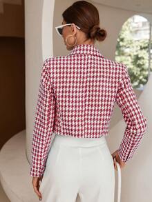 SHEIN BIZwear Houndstooth Print Double Button Crop Blazer - Red - View 2