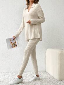 SHEIN Tall Thả vai Đồ đan Ribbed Áo thun & Quần Bộ - Màu Khaki - Xem 6