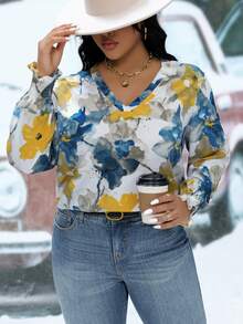 Calvaya Camisa Floral De Talla Grande Con Mangas Con Volantes - Multicolor - Ver 6