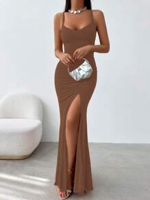 EURMUSE Solid Color Ruffle Pleated Split Hem Cami Dress - Mocha Brown - View 4