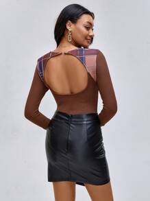 CHEYENNE SAHARA Body con espalda abierta con estampado de cuadros de diseñador, para vacaciones, primavera, playa, festival, Ibiza - Marrón - Ver 9