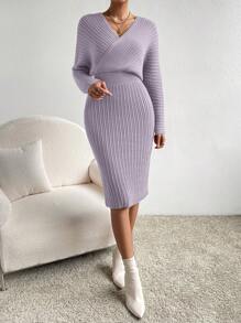 SHEIN Clasi 交叉領口蝙蝠袖毛衣連衣裙 - 紫色 - 查看 3