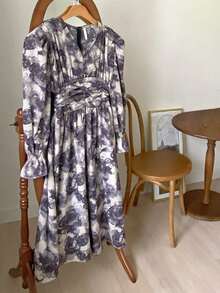 DAZY 女士花卉印花燈籠袖連衣裙 - 灰色 - 查看 7