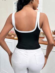 SHEIN Privé Color Block Trim Sleeveless Top - Black and White - View 2