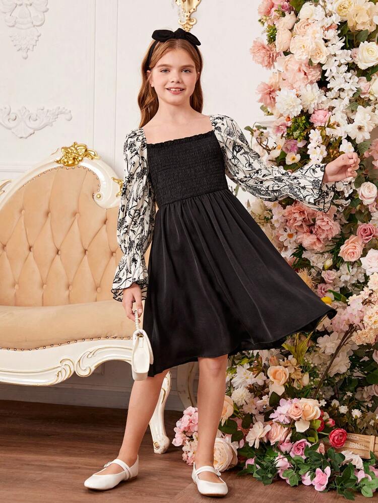 Tween Girl Floral Print Flounce Sleeve Dress