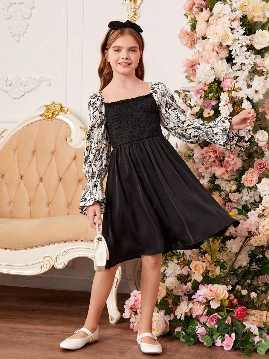 Tween Girl Floral Print Flounce Sleeve Dress - Black - View 1