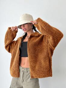 RueChic Kvinnors Regenbunden Passform Teddy Fleece Nedhasade aclar Jackor - Brun - Visa 5