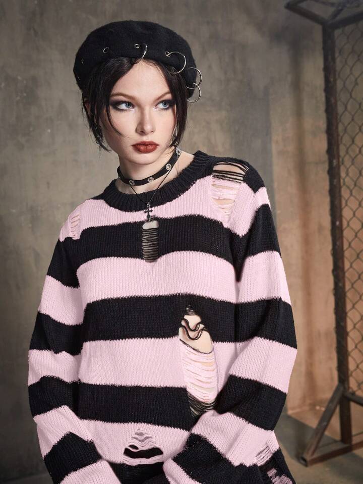 Grunge Punk Women's Striped Loose Fit Distressed Sweater