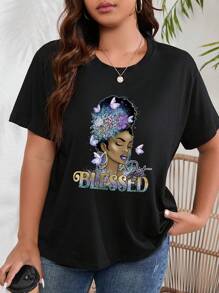 SHEIN Unity Của phụ nữ Kích thước lớn Nhân vật In Áo thun - màu đen - Xem 1