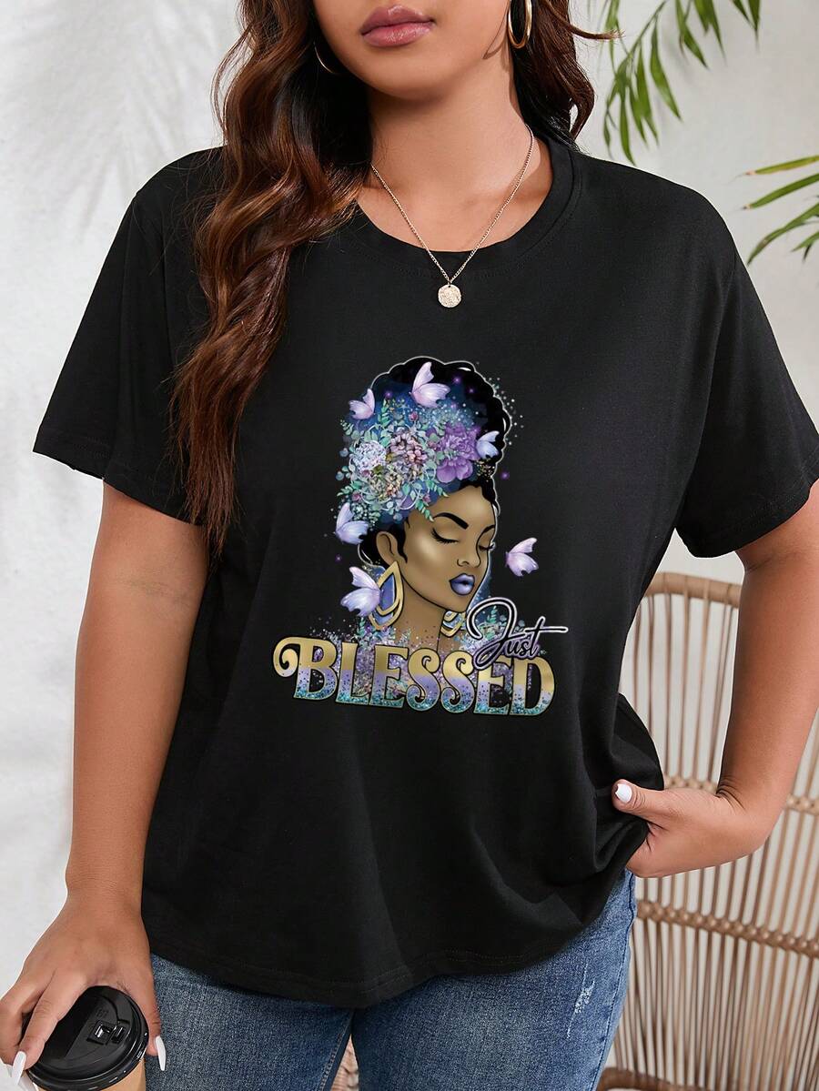 SHEIN Unity Của phụ nữ Kích thước lớn Nhân vật In Áo thun - màu đen - Xem 1