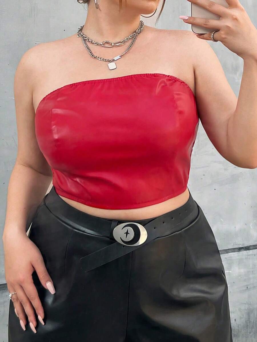 SHEIN ICON Plus Size Women's Solid Color Tube Top - Red - View 1