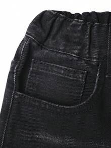 SHEIN Explorewe Quần jean phong cách đường phố Tween Boy hợp thời trang thêu ngôi sao, viền nhăn và sờn - màu đen - Xem 4