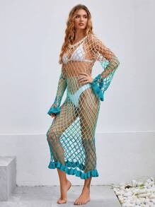 Swim Chiccia 女士漸變色網紗魚網罩衣連荷葉邊袖深v連衣裙