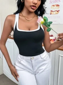 SHEIN Privé Color Block Trim Sleeveless Top - Black and White - View 1