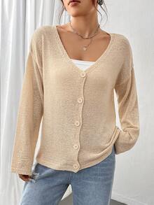 SHEIN Unity Áo len nữ trễ vai cài cúc thông thường và đa năng - Màu Khaki - Xem 6