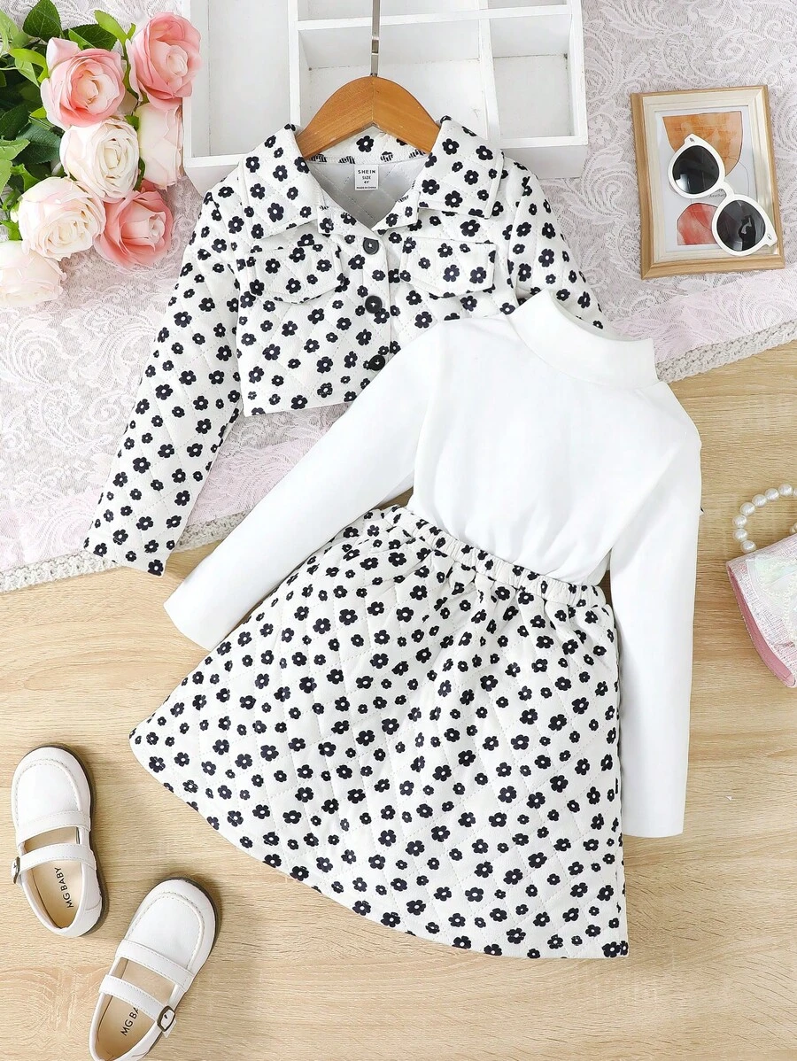 SHEIN Young Girl Ditsy Floral Print Quilted Jacket & Dress - Apricot - View 1