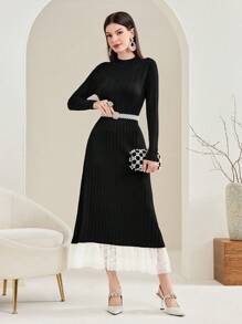 Modelyn Women's Patchwork Lace Detail Ribbed Knitted Sweater Dress With Round Neckline, Without Waist Belt Fall Cloth For Women - Black - View 5