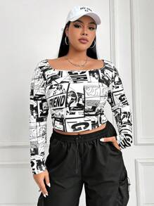 SHEIN EZwear Của phụ nữ Kích thước lớn In nghệ thuật pop Quần skinny Áo thun - Đen và trắng - Xem 1