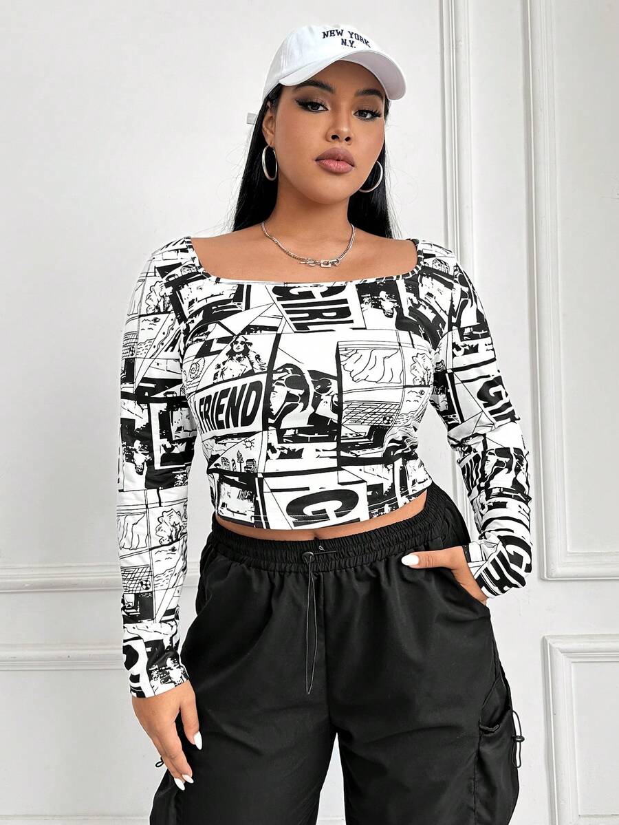 SHEIN EZwear Của phụ nữ Kích thước lớn In nghệ thuật pop Quần skinny Áo thun - Đen và trắng - Xem 1