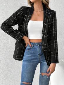 SHEIN Tall Women'S Checked Lapel Blazer - Black - View 5