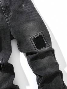 Tween 男孩水洗復古街頭風格拼布裝飾彈性牛仔褲 - 黑色 - 查看 4