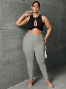 SHEIN SXY Plus Size Solid Color Stretchy Leggings For All Occasions - Dark Grey - View 4