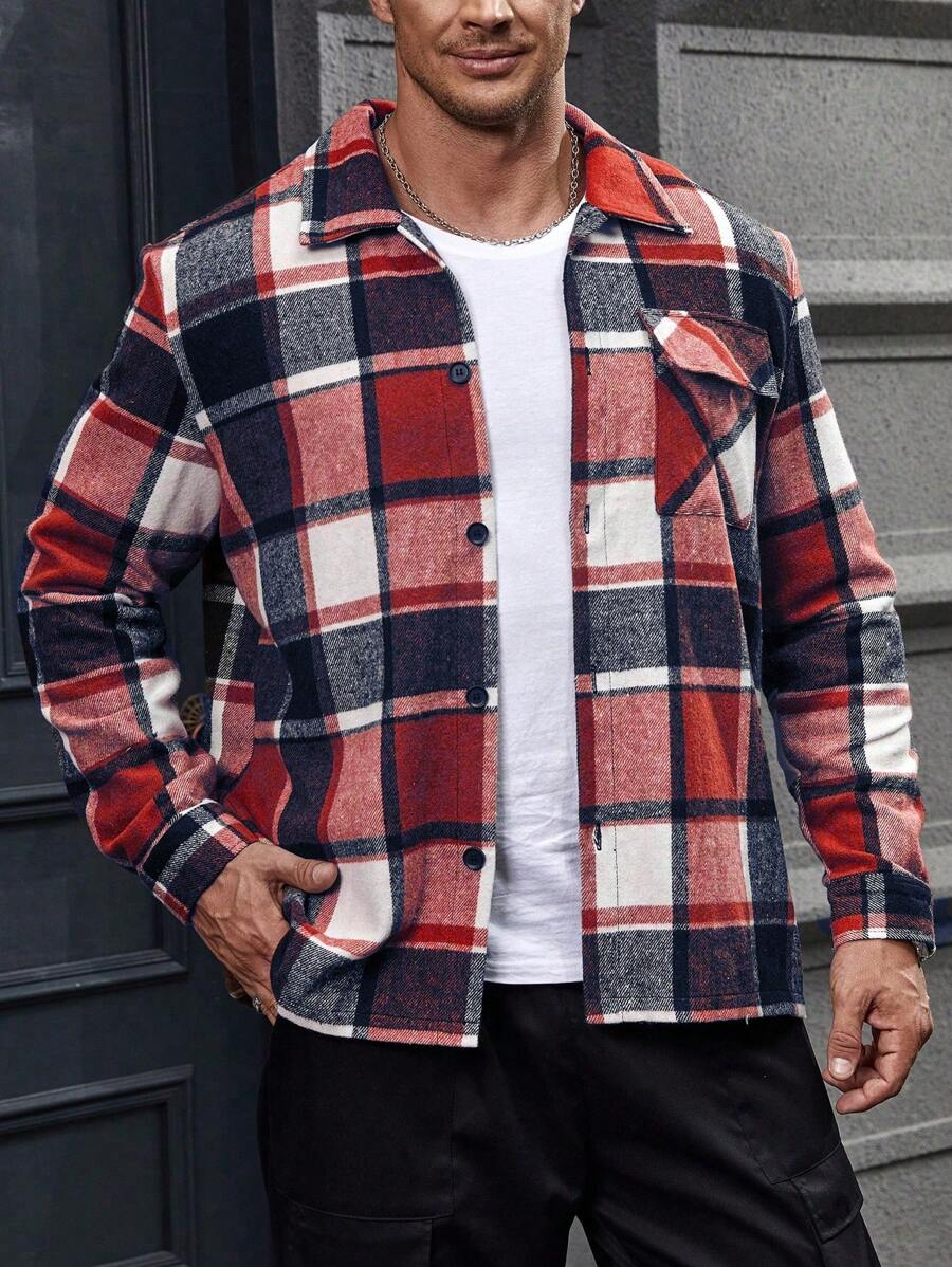 Extended Sizes Men Plus Plaid Flap Pocket Jacket - Multicolor - View 1