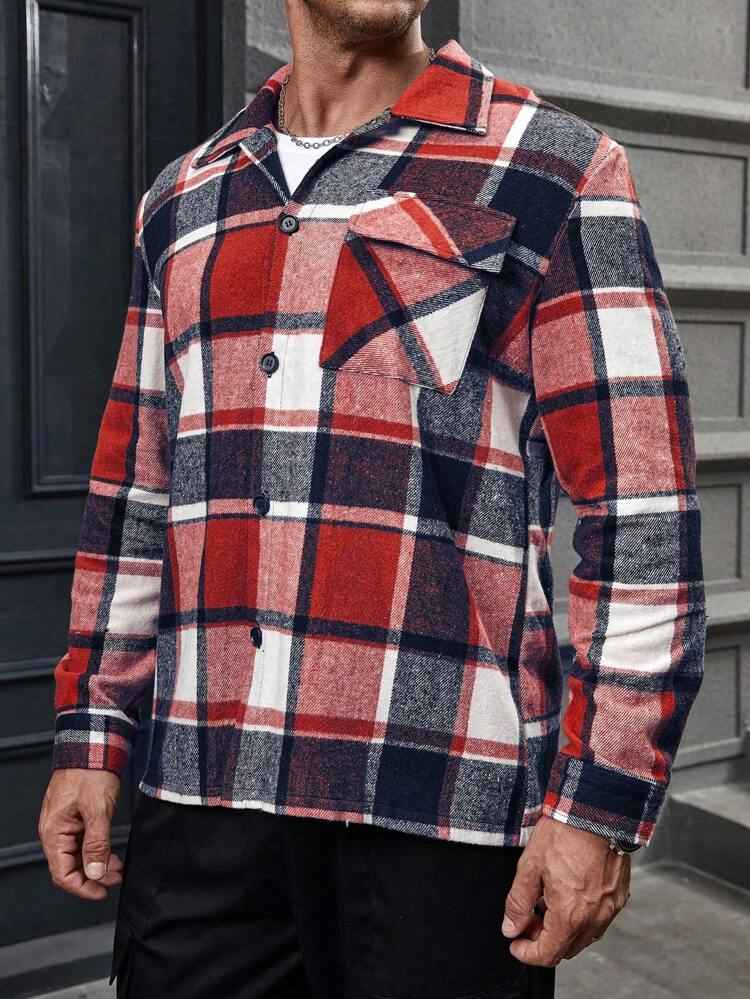 Men Plus Plaid Flap Pocket Jacket