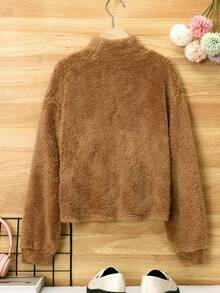 SHEIN Tween Girl Bear Embroidery Twist Hem Flannel Pullover - Black - View 2