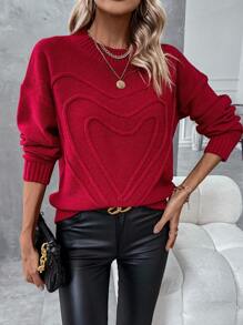 SHEIN Essnce Women's Solid Color Drop Shoulder Sweater - Red - View 1