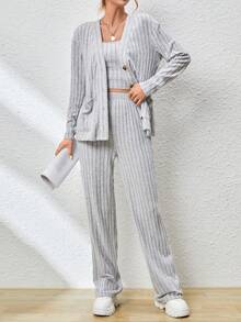 SHEIN Essnce 針織羅紋吊帶背心+開襟衫+長褲,3件式保暖套裝 - 灰色 - 查看 5