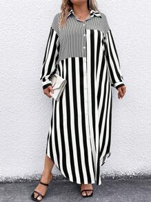 SHEIN LUNE Plus-size Striped Shirt Dress - Black and White - View 6