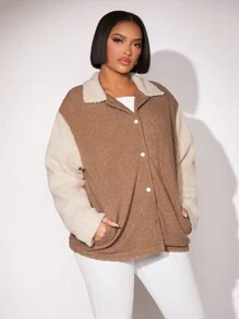 SHEIN SXY Women'S Color Blocking Fleece Jacket - Khaki - View 3