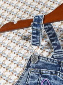 Little Girl's Bow Letter Embroidered Denim Overalls - Medium Wash - View 5