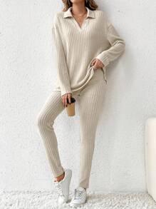 SHEIN Tall Thả vai Đồ đan Ribbed Áo thun & Quần Bộ - Màu Khaki - Xem 4