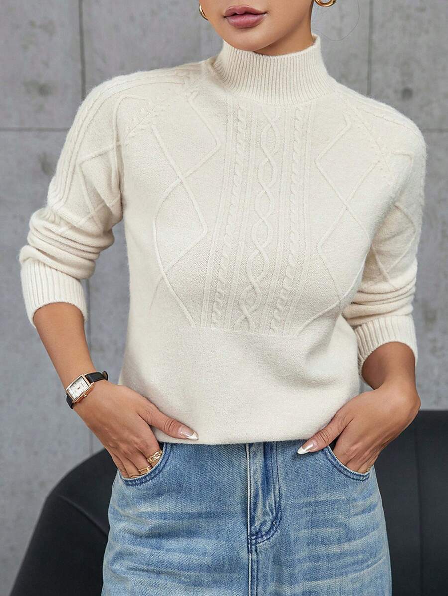 GENKIRA 立领纯色绞花针织女式长袖套头毛衣，秋冬款 - 米色 - 查看 1