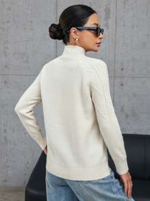 GENKIRA 立领纯色绞花针织女式长袖套头毛衣，秋冬款 - 米色 - 查看 2