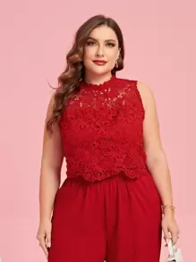 SHEIN Clasi 加大號凝膠蕾絲背心和寬腿褲 - 紅色 - 查看 4