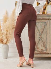 SHEIN LUNE Women's Solid Color Denim Jeans - Coffee Brown - View 2