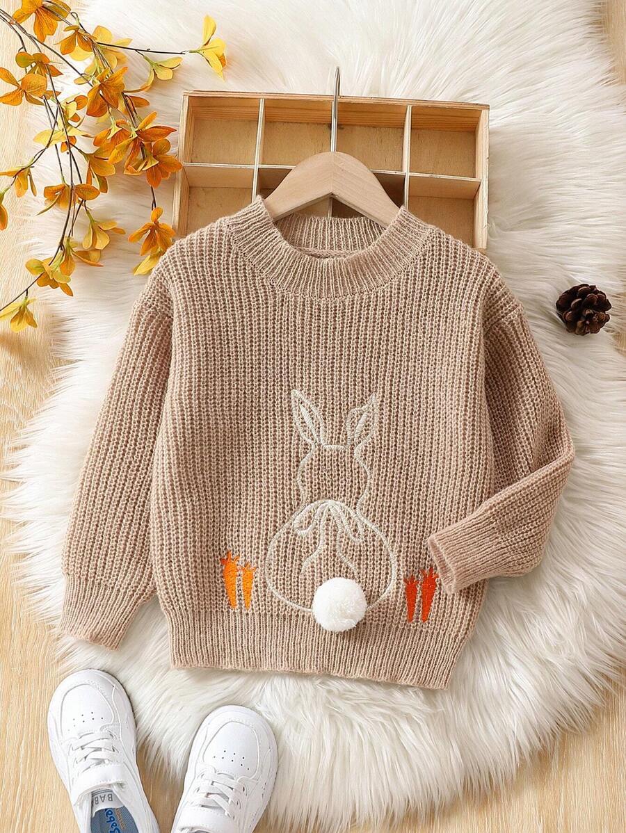 SHEIN Suéter De Hombro Caído Con Patrón De Conejo Con Detalles Pompones Para Niña Joven - Caqui - Ver 1