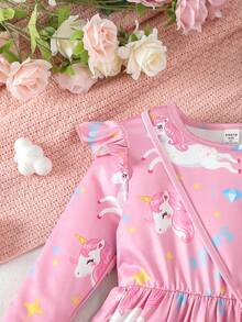 SHEIN Girls' Long Sleeve Lotus Collar Dress With Ruffle Hem For Autumn Winter - Multicolor - View 5