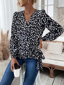 SHEIN Clasi All-over Printed Lantern Sleeve Tie-front Shirt - Black and White - View 5