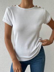 Cottnline Button Detail Batwing Sleeve Tee - White - View 6