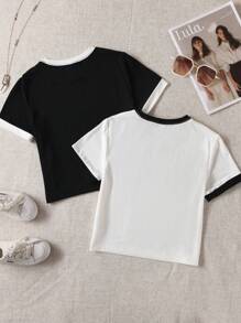Sparklyn Tween Girl 2pcs/Set Short Knit T-Shirt With Color Block - Black and White - View 2