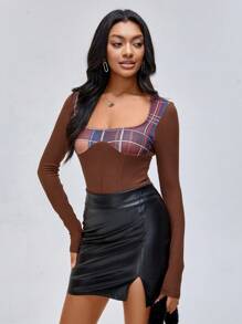 CHEYENNE SAHARA Body con espalda abierta con estampado de cuadros de diseñador, para vacaciones, primavera, playa, festival, Ibiza - Marrón - Ver 1