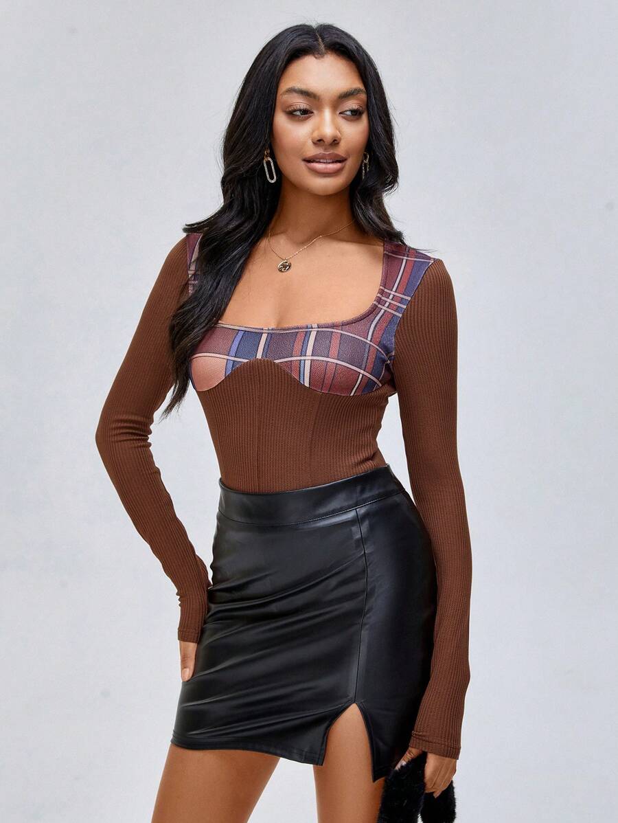 CHEYENNE SAHARA Body con espalda abierta con estampado de cuadros de diseñador, para vacaciones, primavera, playa, festival, Ibiza - Marrón - Ver 1