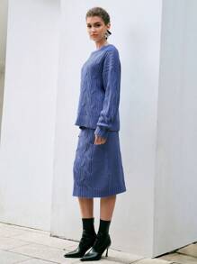 Anewsta 2 cái/bộ Thả vai Textured Áo len Bộ - Màu xanh lam - Xem 8