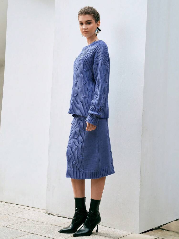 2pcs/set Drop Shoulder Textured Sweater Set