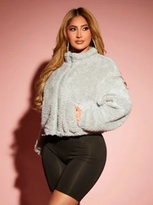 SHEIN SXY Drawstring Hem Solid Teddy Jacket Turtleneck Zip Cardigan White Top - Grey - View 4