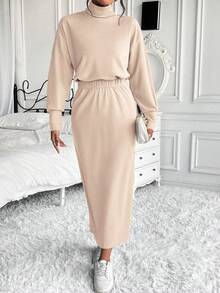 SHEIN Frenchy 女士高口袋落肩上衣和裙子套裝 - 杏色 - 查看 5